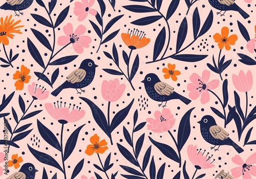 Charming seamless pattern with birds, flowers, and leaves on a light pink background