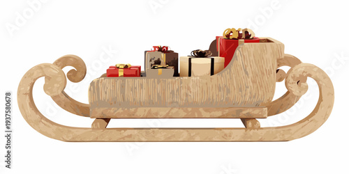 Wooden sleigh overflowing with colorful ribbon tied christmas gifts