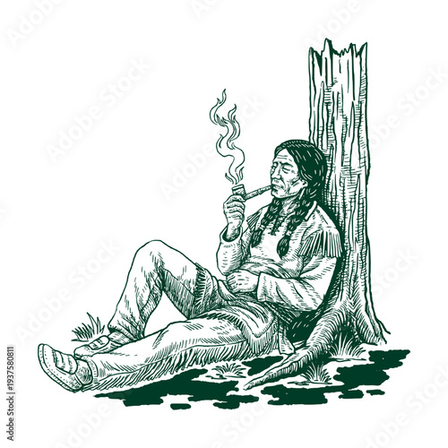 Native American Man Resting and Smoking Pipe Vintage Engraving Style Vector Illustration