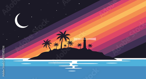 Tropical Island Paradise at Night with Rainbow Sky