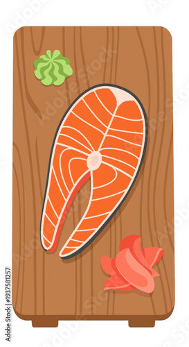 Salmon Steak with Wasabi and Ginger on Board