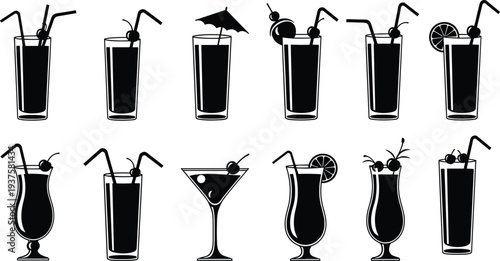 Black Vector Silhouette Collection of Tropical Cocktails and Summer Drinks with Straws Umbrellas Cherries and Fruit Garnish Isolated on White Background for Bar Menus
