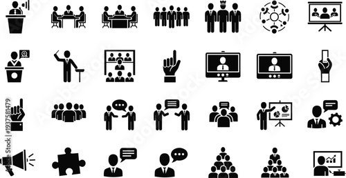 Black Vector Business Icon Set Featuring Leadership Symbols Corporate Meeting Presentations Teamwork Strategy Professional Management And Communication Icons Isolated Silhouette On White Background