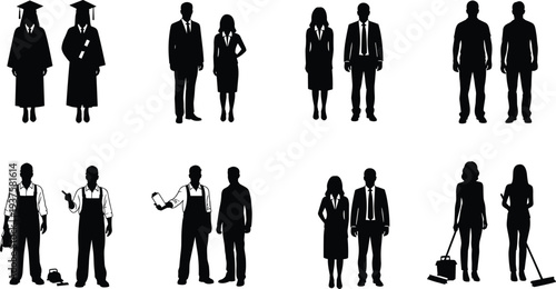 Set of Diverse Professional Silhouettes Representing Various Careers Including Graduates Business Professionals Laborers and Cleaning Staff Isolated on White Background for Employment Industry Concep