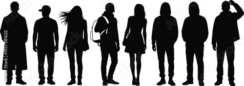 Set of diverse young people silhouettes standing in a row, urban street fashion, casual outfits, teenage crowd, community group, modern life vector illustration. (23 words)