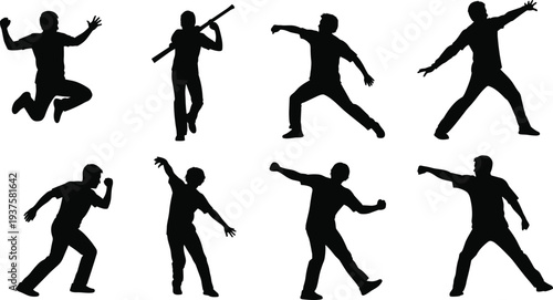 Set of dynamic male action silhouettes showing jumping, throwing, dancing, and athletic poses isolated on white background for sports, fitness, and motion concepts