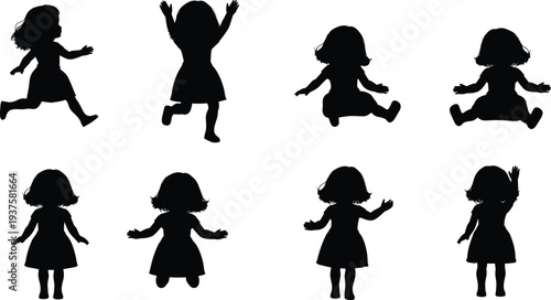 Set of Eight Black Silhouette Vector Illustrations Featuring a Little Girl in a Dress Performing Various Actions Including Running Jumping and Sitting Quietly