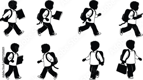 Set of Eight Black Silhouette Vector Illustrations Featuring a Young School Boy with Backpack Carrying Books Walking and Running for Education Related Designs