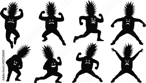 Set of Eight Black Silhouette Vector Illustrations Featuring Grumpy and Powerful Pineapple Mascot Charact of Eight Black Silhouette Vector Illustrations Featuring