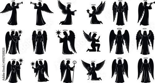Set of Eighteen Black Angel Silhouette Vector Illustrations Featuring Heavenly Figures with Wings Halos Trumpets and Stars for Religious Christmas and Spiritual Artistic Concept Designs