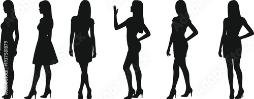 Set of Elegant Woman Silhouettes in High Heels Posing in Different Stylish Stances Isolated on White Background, Fashion Female Black Shadow Illustration Collection