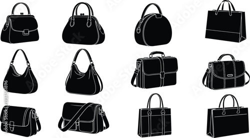 Set of fashion handbag vector silhouettes including luxury purses stylish tote bags professional briefcases and messenger bags for retail shopping and boutique fashion branding