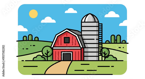 Farm Barn Silo Landscape Flat Design