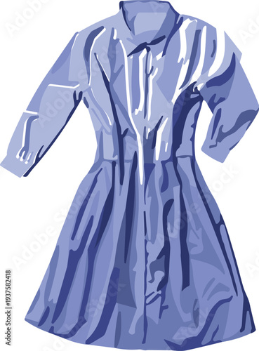 Blue purple dress, collared gown, long sleeve fashion, pleated skirt, button down design, fitted bodice, elegant clothing, stylish apparel, vintage inspired, vector illustration