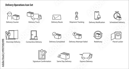 Delivery Operations Icon Set. / 配送業務のシンプルなベクターアイコンセット。