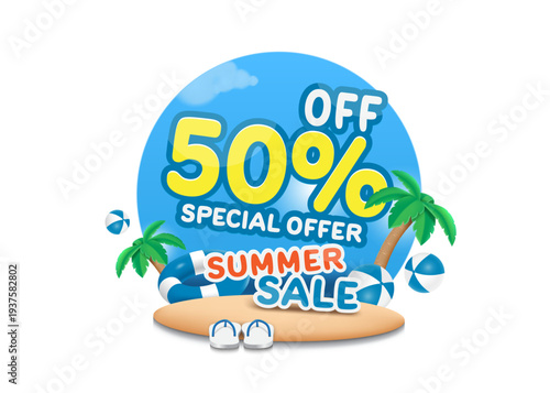 Promotional text such as special offer 50% off and summer sale all placed on island in middle of sea or on beach with coconut trees nearby making them for summer advertising banner designs, vector 3d