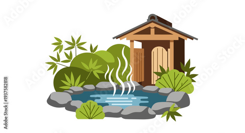 Japanese Onsen Hot Spring with Traditional Hut
