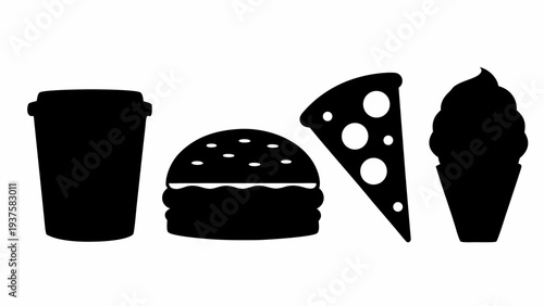 Coffee cup, burger, pizza slice, and ice cream silhouettes