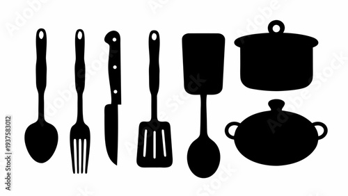 Kitchen utensils and cookware silhouettes collection