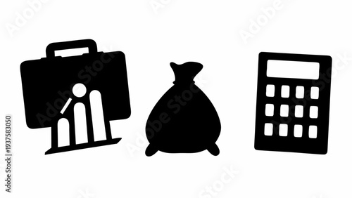 Business finance icons with briefcase, money bag, and calculator