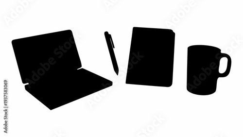 Modern office workspace with laptop, tablet, and coffee