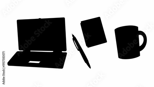 Modern office supplies including laptop, notebook, pen, and coffee cup