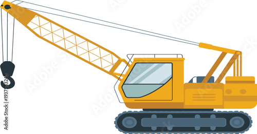 Flat vector illustration of yellow crawler crane with lattice boom and hook isolated on light background heavy construction machinery lifting equipment engineering industry concept