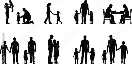 Black Silhouettes Set of Families with Parents Holding Hands with Children Toddlers and Babies Representing Fatherhood Motherhood Childhood Love and Happy Family Relationships