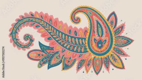 Vibrant paisley floral pattern with teal orange and pink colors on beige background
