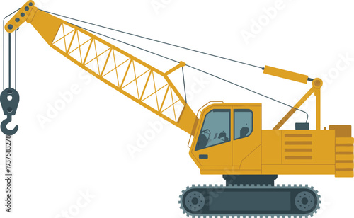 Flat vector illustration of yellow crawler crane with lattice boom and lifting hook isolated on light background heavy construction machinery engineering industry equipment concept
