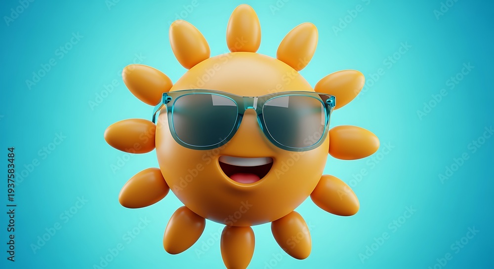 Fototapeta premium Yellow smiling sun with sunglasses on blue background smile