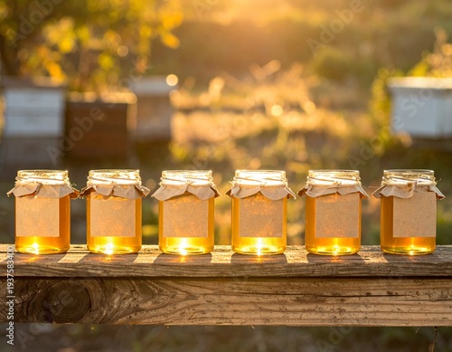 Row of natural honey jars with kraft labels on wooden table in warm light