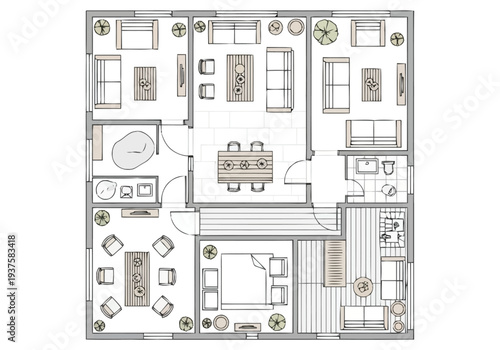 Detailed Architectural Floor Plan Showing Modern Apartment Layout With Furniture Placement And Room Design Elements furniture icons top view interior