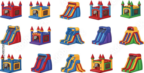 Collection of colorful inflatable bouncy castles and exciting backyard slides isolated on a clean white background for children's party rental and entertainment business design.