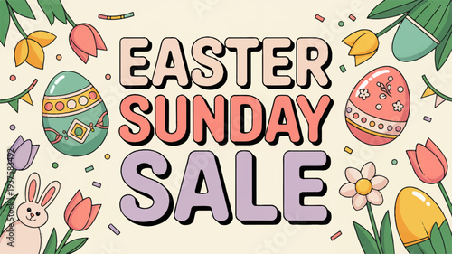 Easter sunday sale banner with colorful eggs tulips and bunny on beige background festive spring celebration