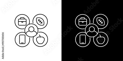 Abstract representation icon of personal interests and professional pursuits centered around an individual