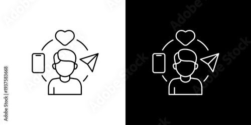 Digital Social Media Communication Concept Icon with User Profile, Smartphone, Like Heart, and Share Icons Representing Online Engagement