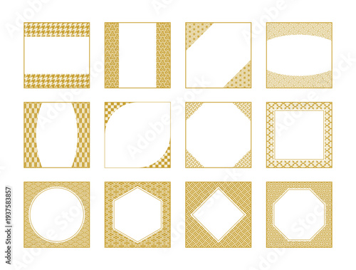 和柄正方形フレームセット 金色 日本の伝統文様装飾ラベルベクター