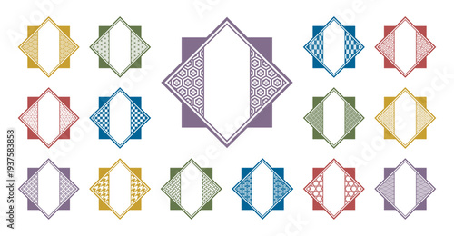 和柄ひし形フレームカラーセット 日本伝統文様ダイヤ型ラベルベクター