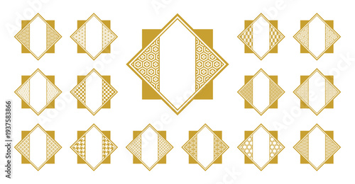 和柄ひし形フレームセット 金色 日本の伝統文様ダイヤ型ラベルベクター