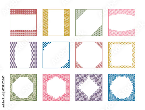 和柄正方形フレームカラフルセット 日本伝統文様装飾フレームベクター