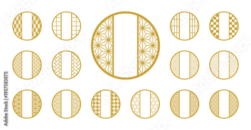 和柄の丸フレームセット 金色 日本の伝統文様ラベル・装飾ベクター