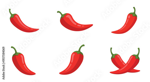 Vector illustration of six red chili peppers arranged in two rows on a white background with green stems.