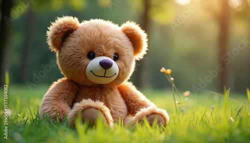 Brown teddy bear sits in green grass. Soft plush toy with cute smile outdoors. Sunny nature background, blurred trees, small yellow flowers.