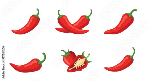 Vector illustration of six red chili peppers on a white background, with one cut open to reveal its inner texture, in a graphic design style with bold lines and vibrant colors.