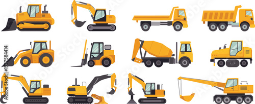 Construction machinery vehicles collection including excavator bulldozer crane dump truck loader and forklift heavy equipment flat vector illustration set