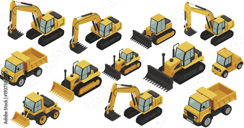 Isometric construction machinery vehicles collection with excavator bulldozer loader and dump truck heavy equipment flat vector illustration set