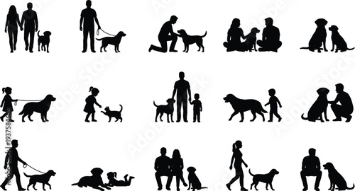 Collection of fifteen silhouettes of people with dogs in various activities including walking, sitting, playing, and petting, vector illustration design for pets, family, and companionship.