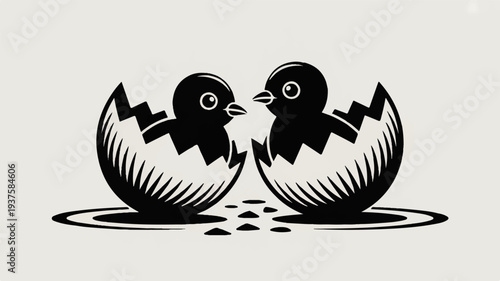 Two black and white chicks emerging from cracked eggs facing each other symbolizing friendship and new life