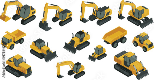 Isometric construction heavy machinery set with excavators bulldozers loaders and dump trucks industrial vehicles flat vector illustration collection
